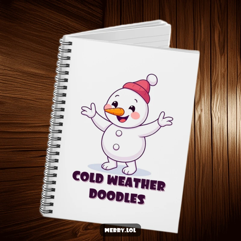 Funny snowman character notebook performing a clumsy jig with a carrot nose, ideal for jotting down fun winter ideas.