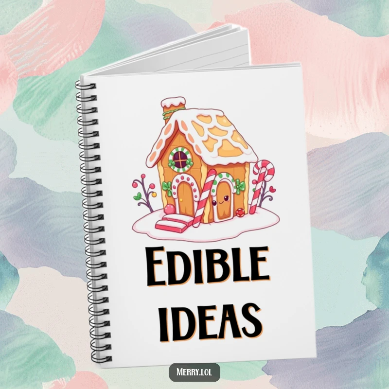 Funny notebook cover with a gingerbread house character nibbling its candy cane chimney, inspiring sweet and humorous writing.