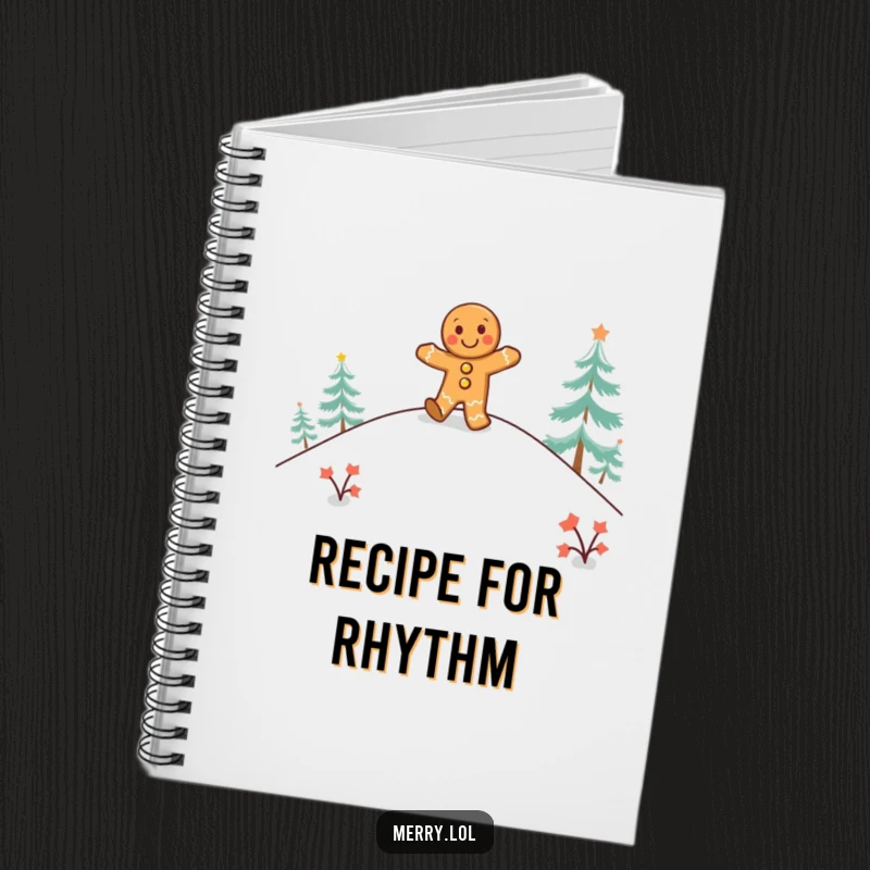 Funny gingerbread man notebook showing a happy character doing a jig on a snowy hill, perfect for note-taking.