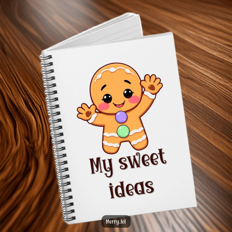 Funny notebook: A smiling gingerbread man waves hello, his candy button detail adding a touch of sweetness to note-taking.