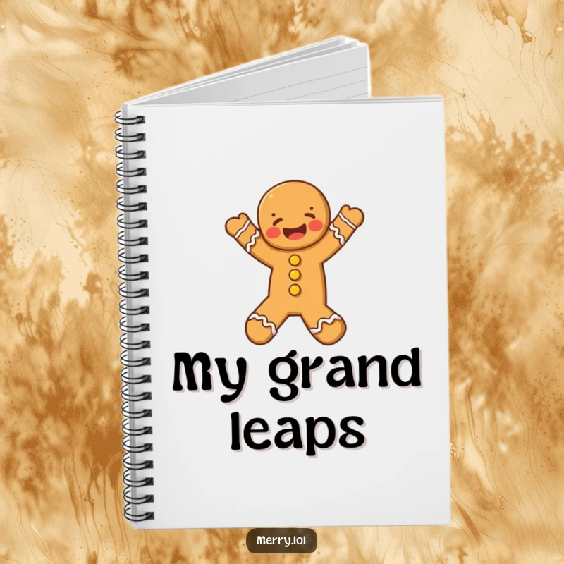 Funny Gingerbread Man Notebook, a happy character mid-leap, inspiring creativity and joyful ideas.