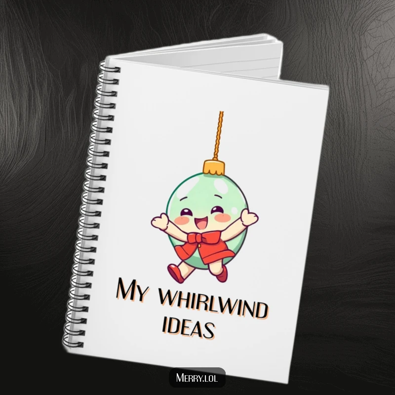 Funny notebook with a delighted Christmas ornament character in a dizzying spin, great for holiday notes.