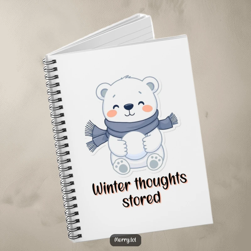 Funny polar bear notebook with a happy character wearing a scarf and holding a snowball, inspiring winter notes and creativity.