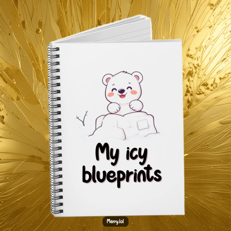 Funny notebook featuring a cute polar bear character building a snow fort, ideal for jotting down notes and winter plans with cheer.
