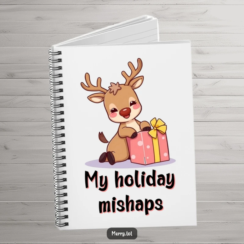 Funny notebook: A giggling reindeer with sparkly antlers trips over a present, perfect for jotting down funny holiday ideas.