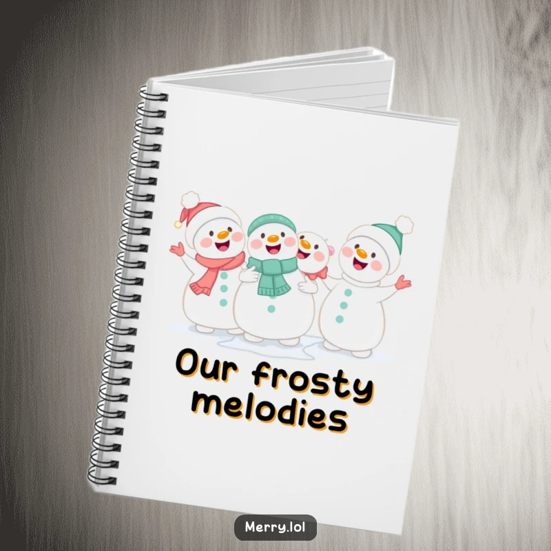 Funny cute snowmen holding hands and singing happily on a notebook cover, for jotting down winter ideas.