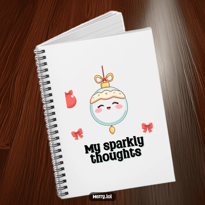 Funny festive ornament winking and dangling merrily, on a notebook cover for jotting down holiday ideas.