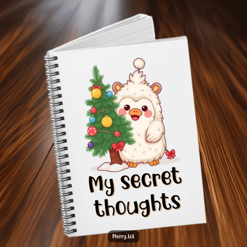 Funny notebook with a playful yeti hiding behind a decorated Christmas tree, great for holiday notes.