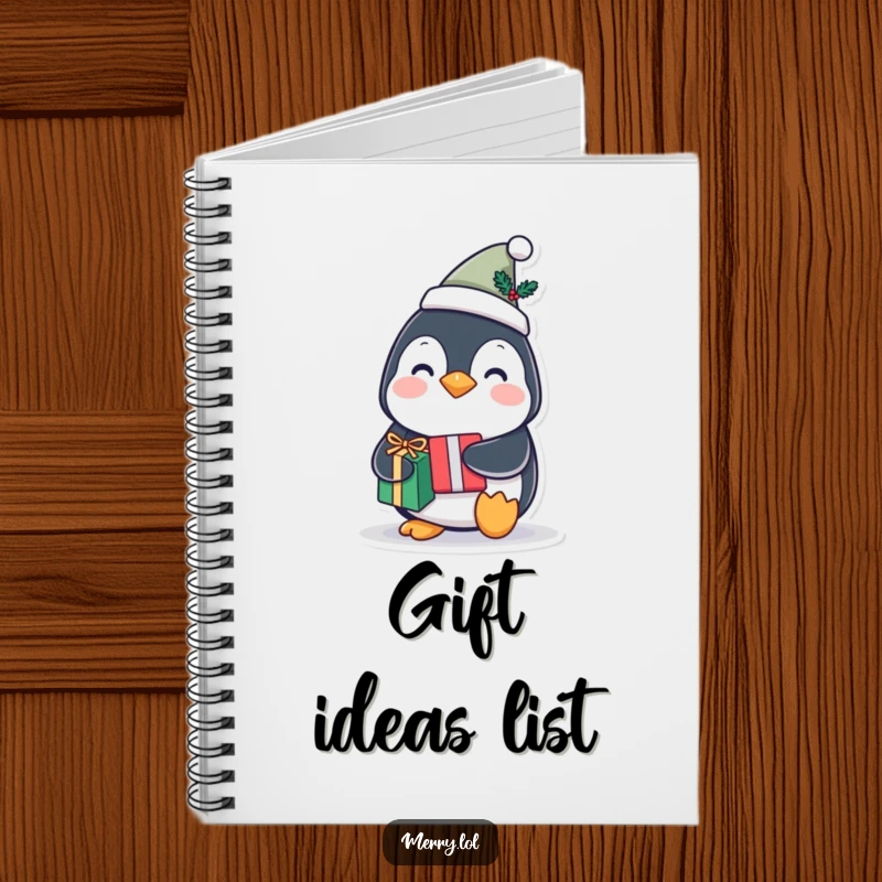 Funny penguin character notebook wearing a tiny festive hat and holding a gift, ideal for jotting down festive notes.