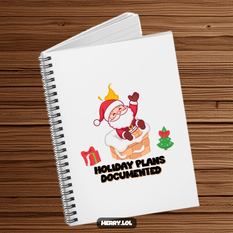 Funny Santa notebook showing Santa joyfully sliding down a chimney with a witty wink, perfect for jotting notes.