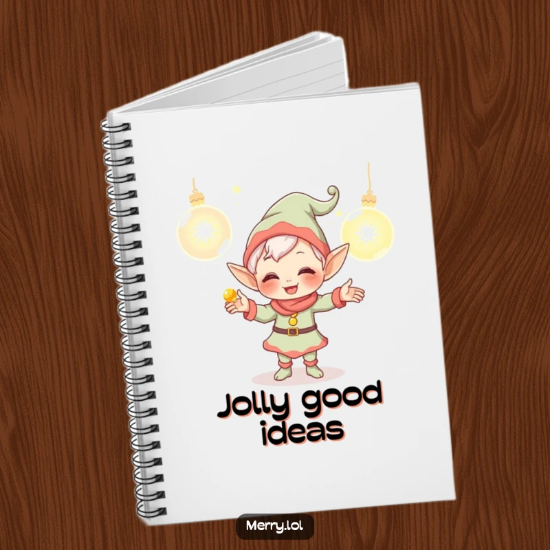 Funny Elf Notebook featuring a giggling character juggling glowing ornaments, ideal for journaling, planning, or sketching with a cute holiday theme.