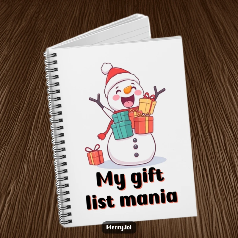 Funny notebook with an excited snowman precariously stacking gifts, ideal for jotting down holiday thoughts and notes.