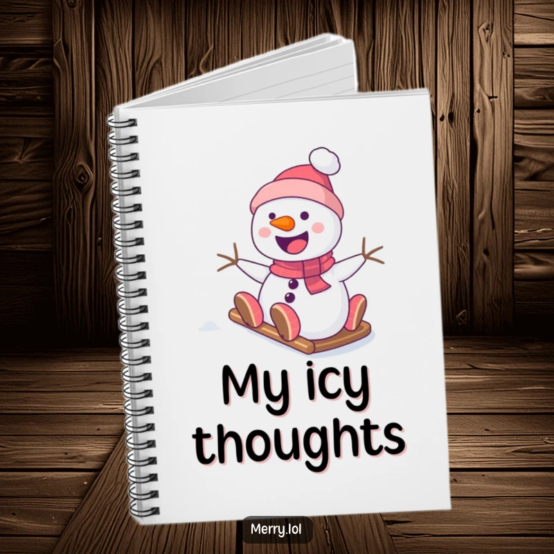 Funny Snowman Notebook featuring a smiling character sliding down a snowy hill, ideal for journaling, planning, or sketching with a cute winter theme.