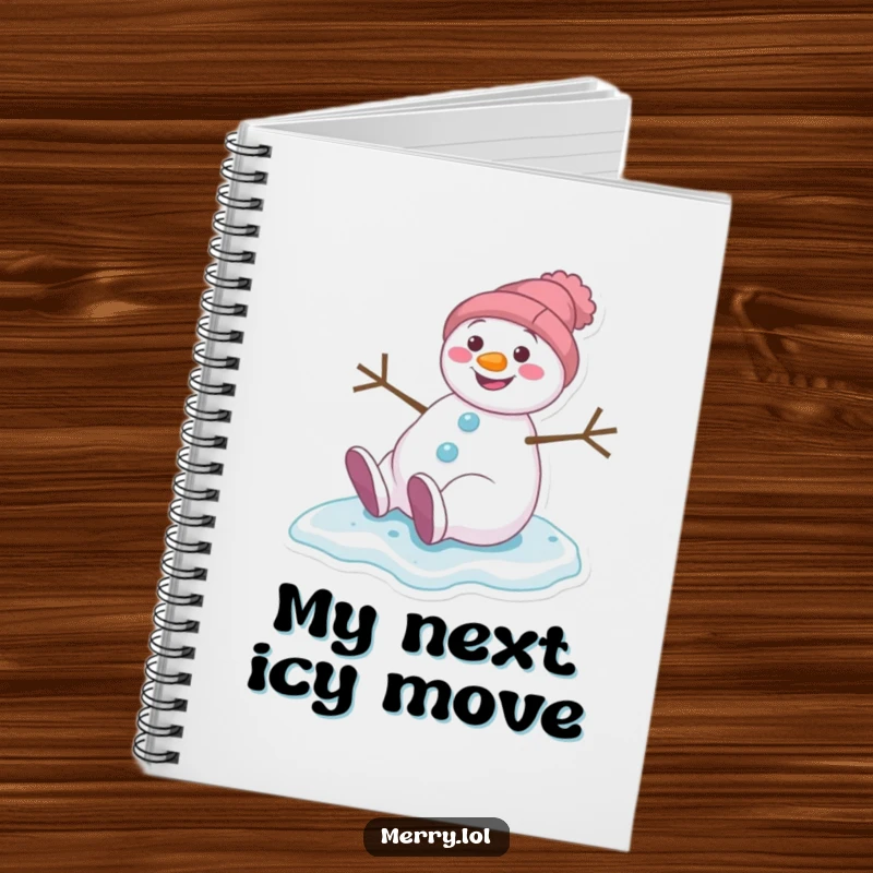Funny notebook cover featuring a grinning snowman character slipping on ice, designed for lighthearted note-taking and planning.