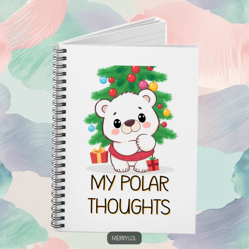 Funny Polar Bear Notebook featuring a surprised character peeking from behind a Christmas tree, ideal for journaling, planning, or sketching with a cute holiday theme.