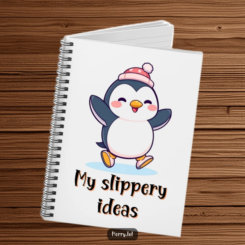 Funny penguin ice skating with a tiny hat, featured on a notebook cover for jotting down funny thoughts and ideas.