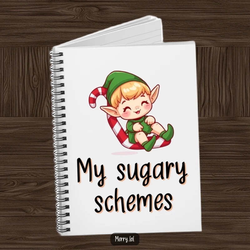 Funny notebook cover featuring a cute elf character sliding down a candy cane, perfect for festive note-taking.