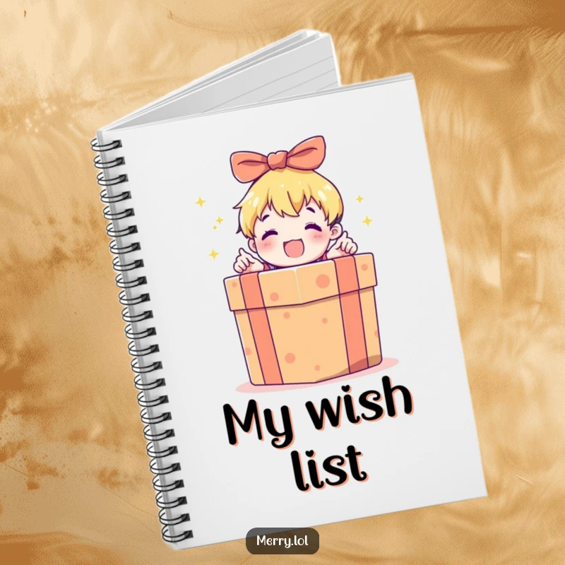 Funny notebook featuring a child character excitedly opening a large gift box, ideal for jotting down notes and exciting plans.