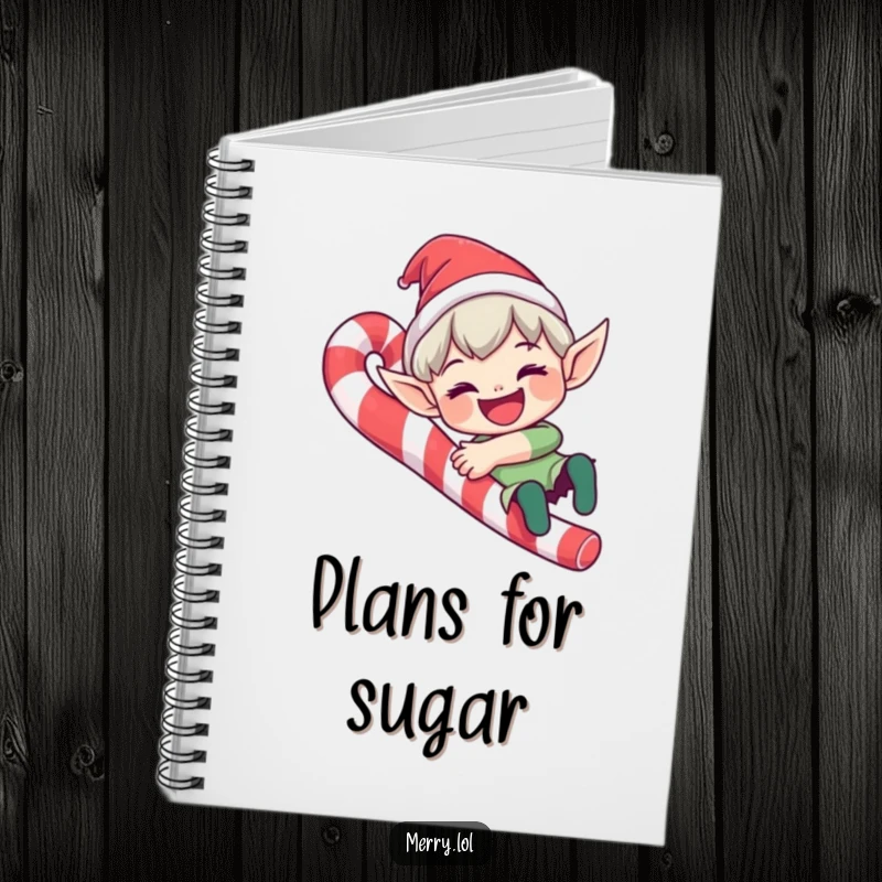 Funny elf character notebook with a character sliding down a candy cane with a wide grin, ideal for jotting down festive notes.
