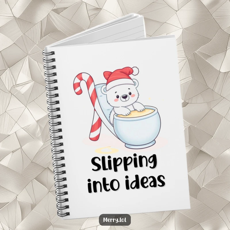Funny notebook featuring a baby polar bear character sliding into eggnog, perfect for jotting down icy cool ideas.