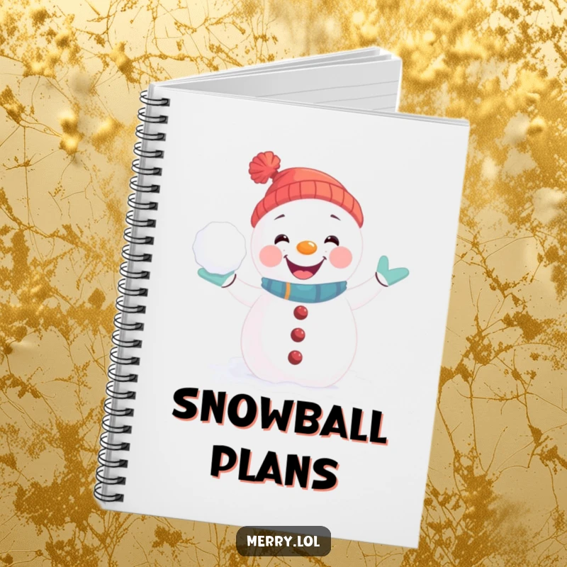 Funny Notebook featuring a playful snowman character in a joyful pose, mimicking a snowball fight, perfect for jotting ideas.