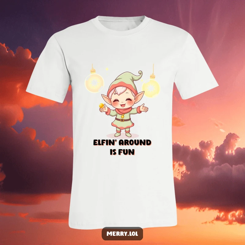 Funny Elf T-Shirt depicting a giggling character juggling glowing ornaments, ideal for spreading holiday cheer and festive vibes.