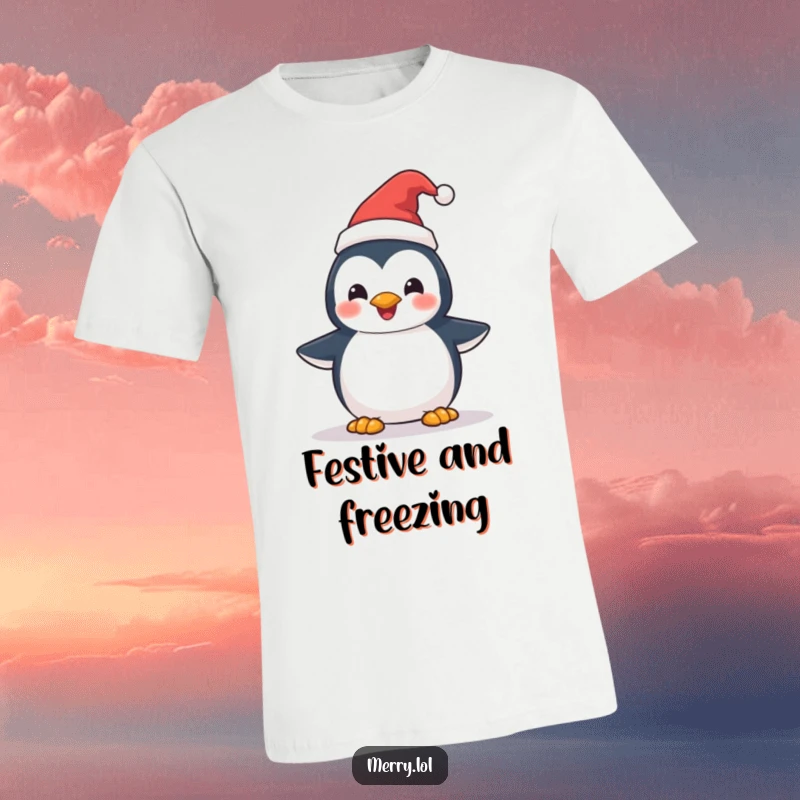 Funny Penguin Santa Hat T-Shirt: A delighted penguin character donning a small Santa hat, radiating pure Christmas excitement. Great gift.