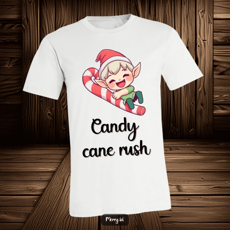 Funny elf character t-shirt sliding down a candy cane with a wide grin, a humorous graphic tee for a funny gift.