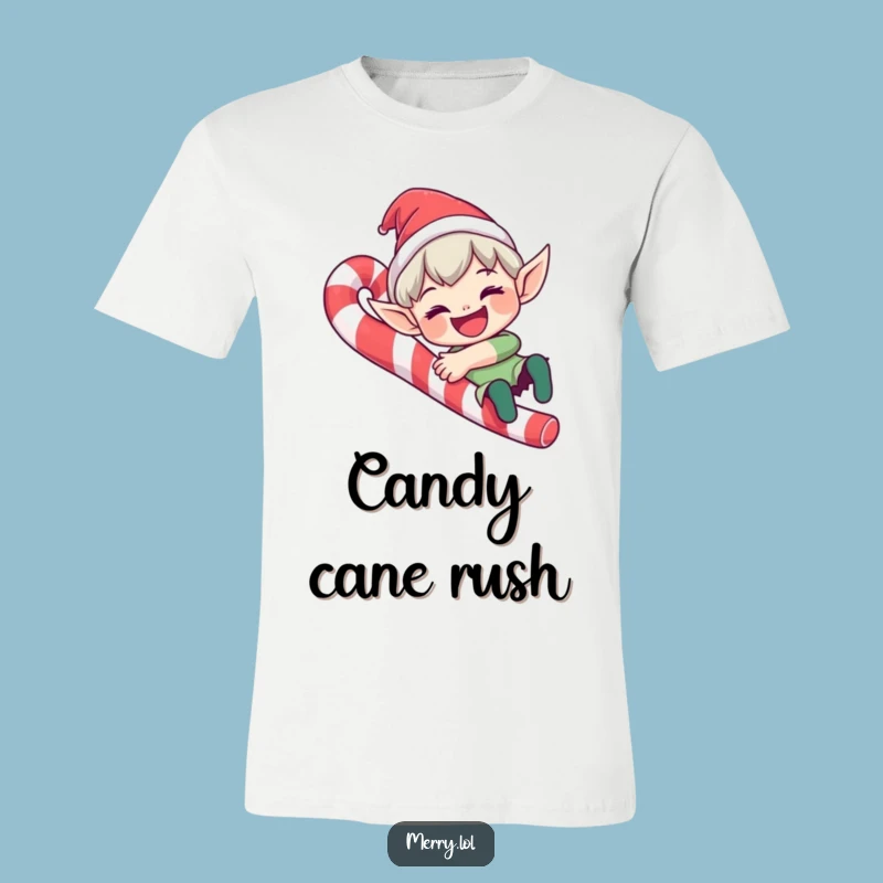 Funny Elf Candy Cane T-Shirt: Joyful Sliding Design, Ideal Funny Gift for Holiday Fun Seekers