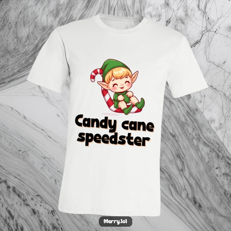 Funny t-shirt depicting a cute elf character gleefully sliding down a large candy cane, capturing holiday excitement.