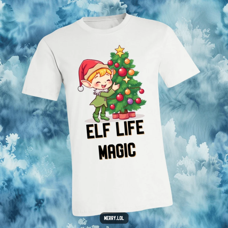 Funny T-Shirt with a cute elf character gleefully decorating a Christmas tree with bright, sparkling ornaments and holiday joy.