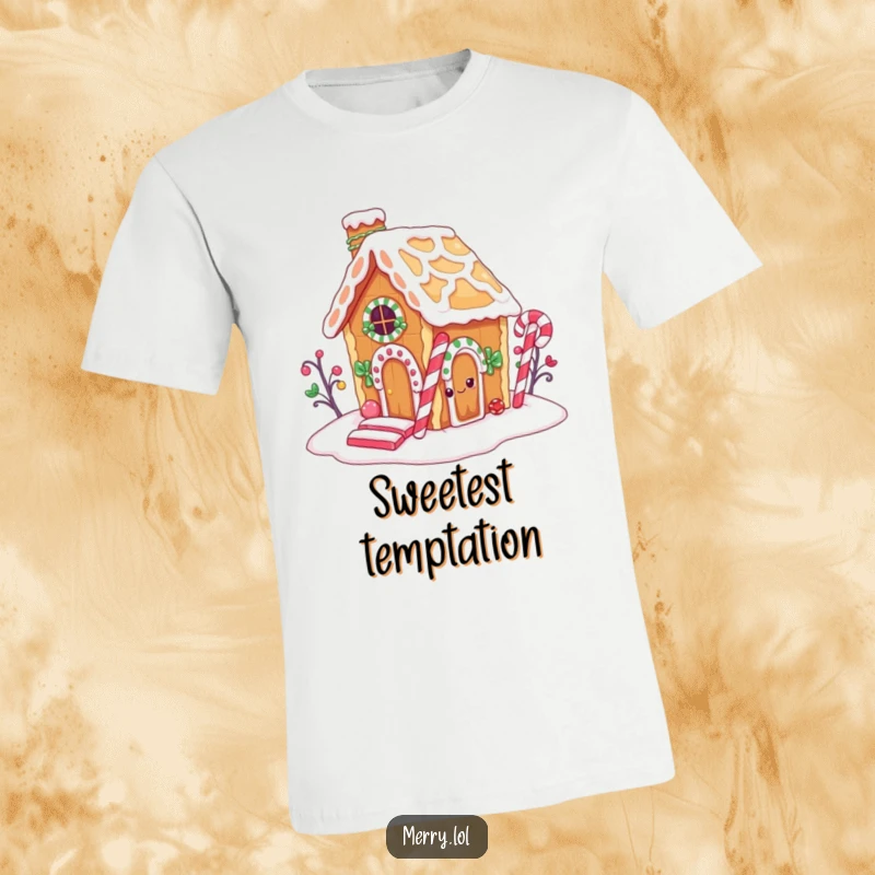 Funny t-shirt depicting a cute gingerbread house character attempting to eat its candy cane chimney, showcasing sweet indulgence.