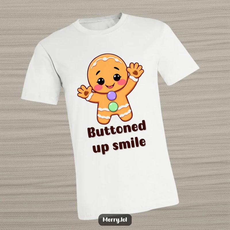 Funny t-shirt: A smiling gingerbread man waves enthusiastically, his candy button accentuating his cheerful holiday greeting.