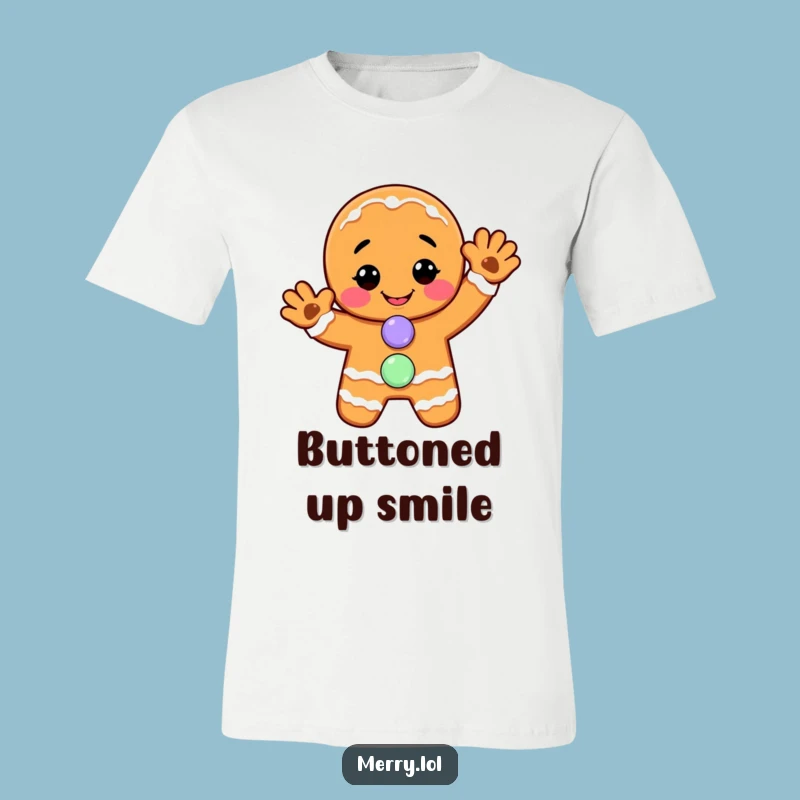 Funny Gingerbread Man T-Shirt: Cheerful Wave, Candy Button Charm, Great Funny Gift!