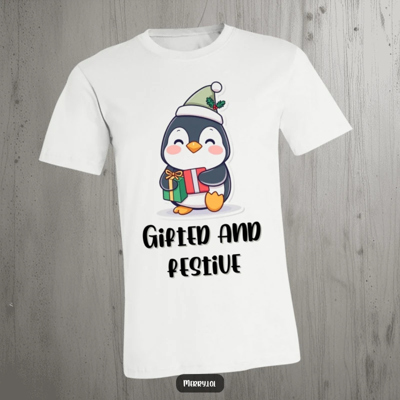 Funny penguin character t-shirt wearing a tiny festive hat and holding a gift, a humorous graphic tee for a funny gift.