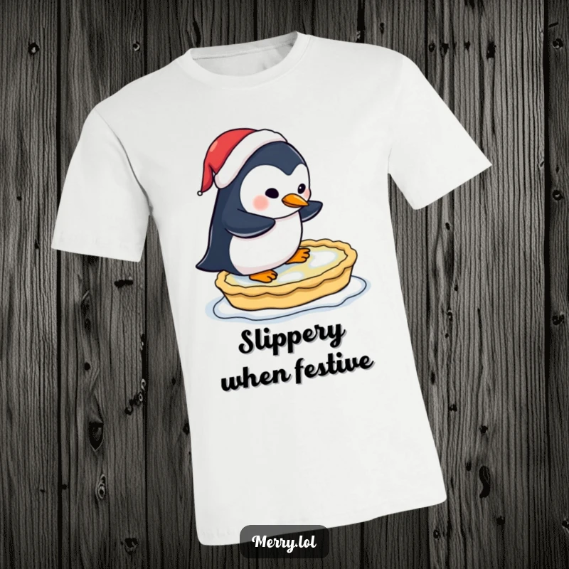 Funny t-shirt graphic of a penguin with a Santa hat struggling to ice skate on a frozen pie, full of holiday absurdity.