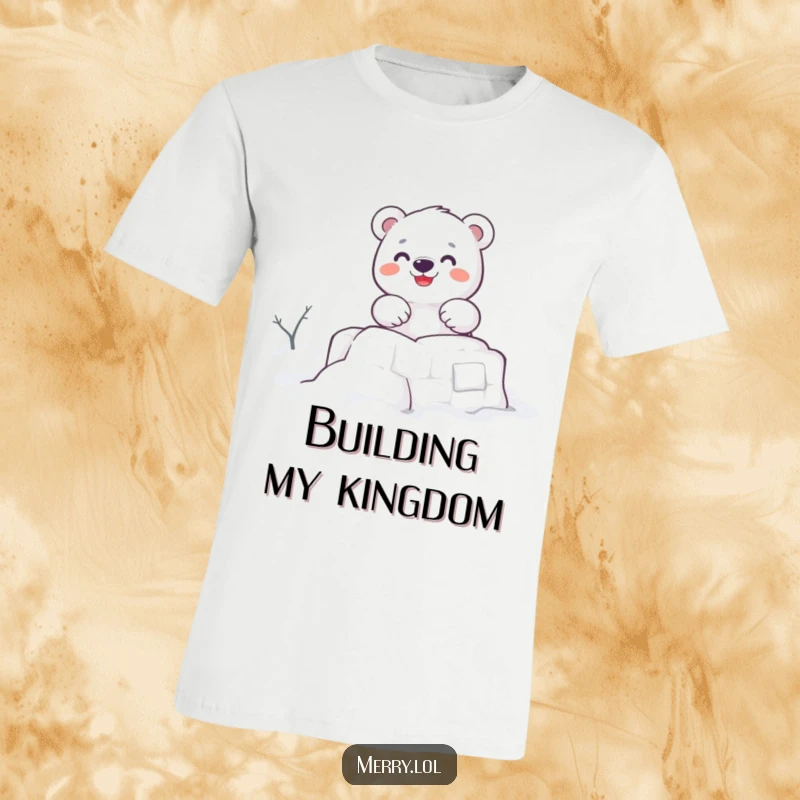 Funny t-shirt featuring a cute polar bear character diligently building a snow fort, exuding enthusiasm and winter joy.