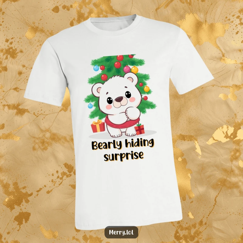 Funny Polar Bear T-Shirt depicting a surprised character peeking from behind a decorated Christmas tree, ideal for spreading holiday cheer and playful vibes.