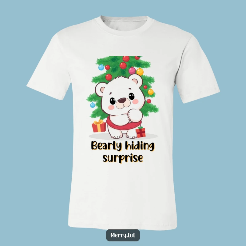 Funny Polar Bear T-Shirt - Surprised Peek Christmas Tree Tee