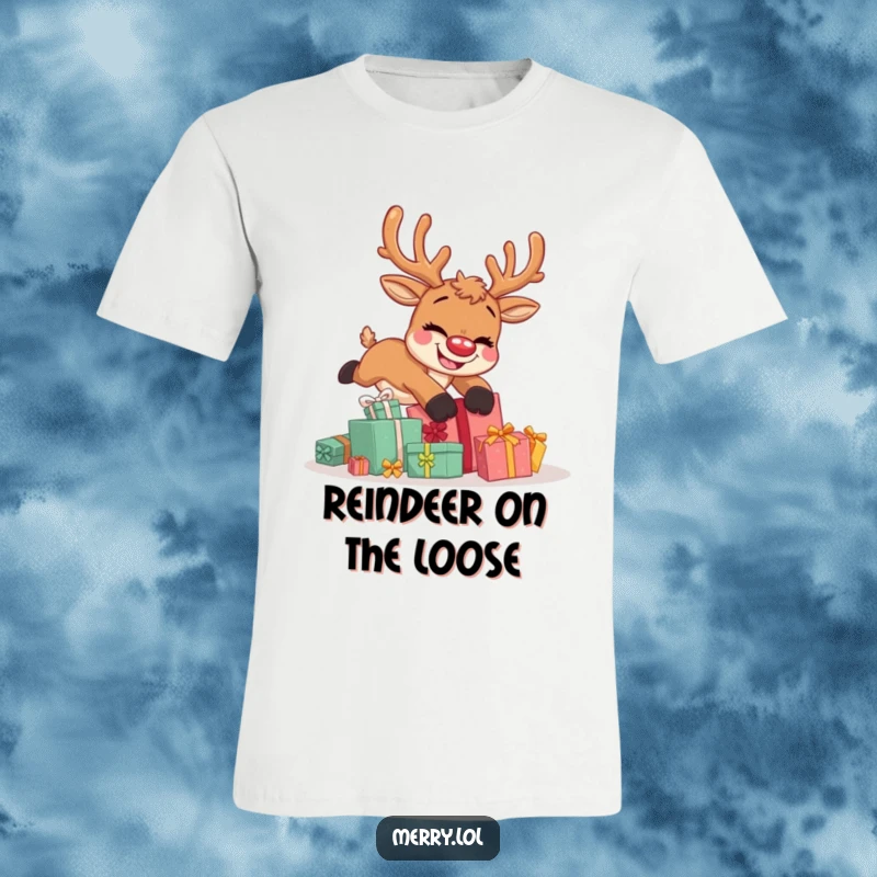 Funny t-shirt with a cute reindeer character falling over a stack of presents, sporting a big, goofy grin.