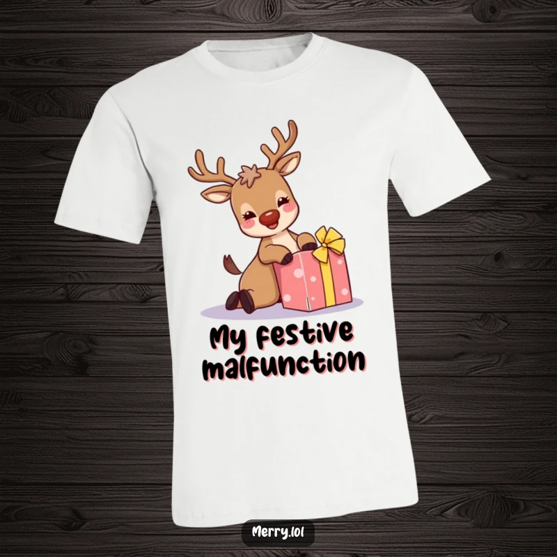 Funny t-shirt: A giggling reindeer with sparkly antlers comically trips over a gift box, capturing the hilarious spirit of holiday mishaps.