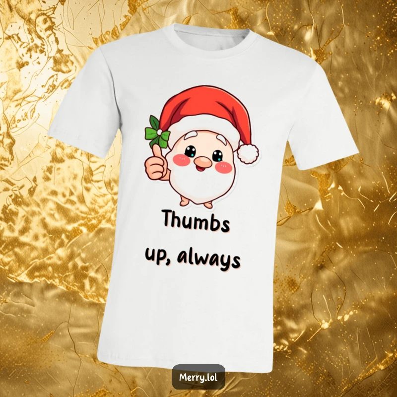 Funny t-shirt with a Merry Santa hat character giving a jolly thumbs up, perfect for holiday greetings.
