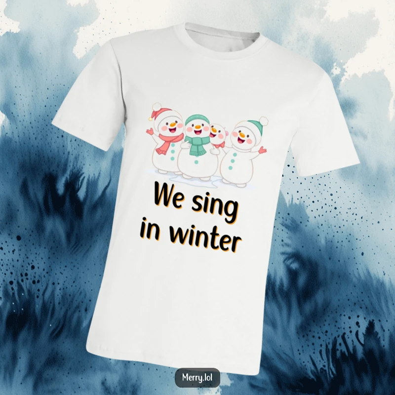 Funny group of cute snowmen holding hands and singing happily on a t-shirt, showcasing winter unity.