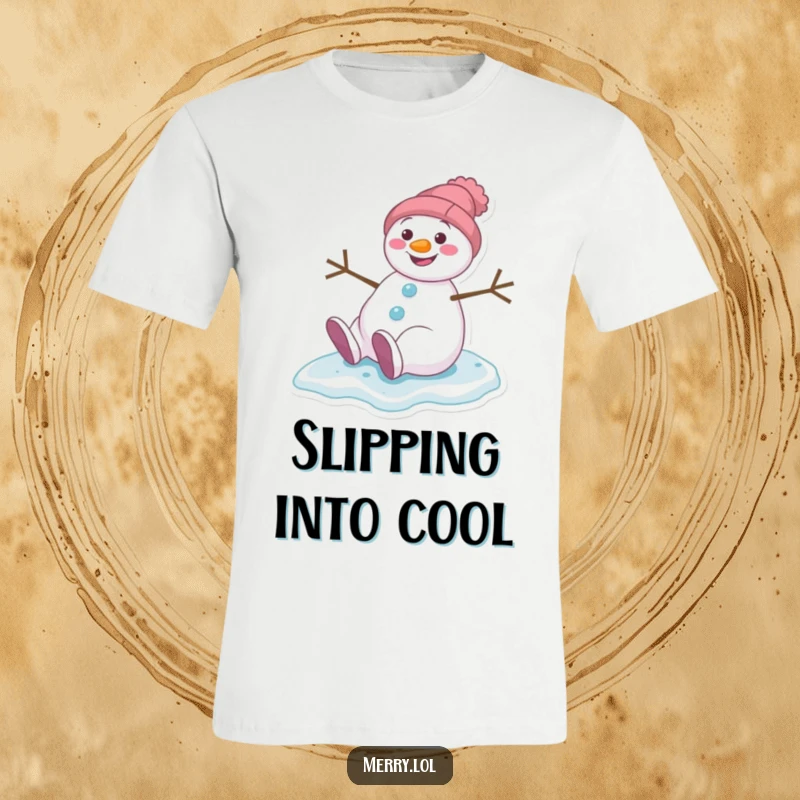 Funny t-shirt featuring a grinning snowman character in mid-slip on icy ground, capturing a moment of joyful clumsiness.