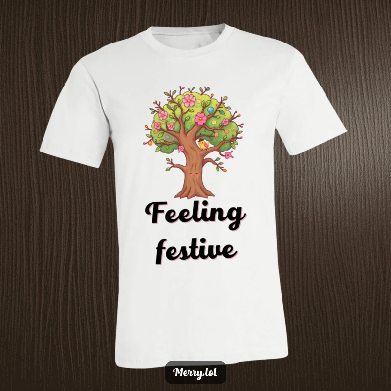 Funny Decorated Tree T-Shirt featuring a festive character energetically wiggling its branches with holiday spirit.