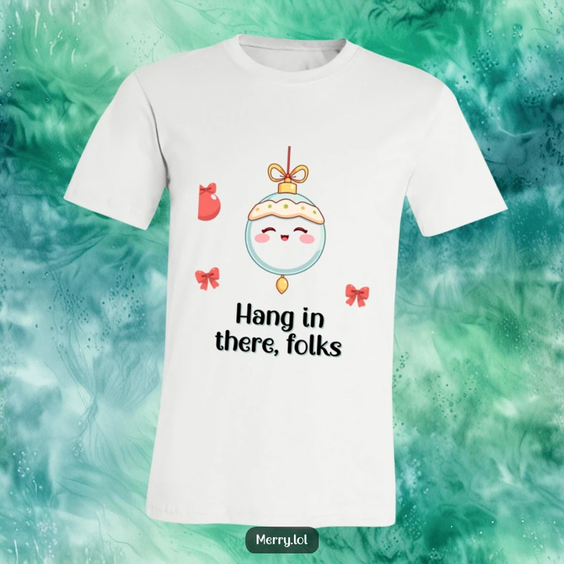 Funny festive ornament winking and dangling merrily, printed on a t-shirt for a fun, holiday-themed look.