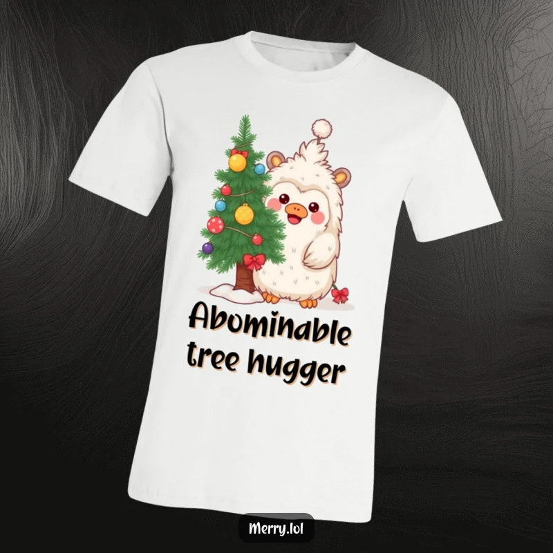 Funny t-shirt with a playful yeti hiding behind a decorated pine tree, ready for Christmas adventures.