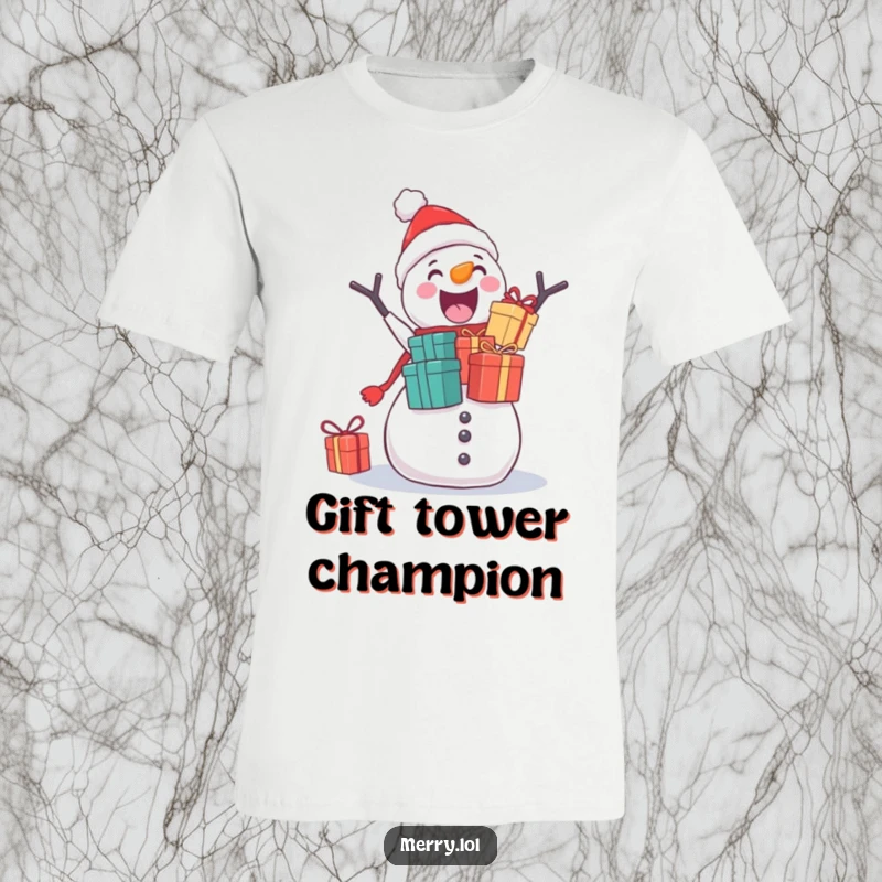 Funny t-shirt showing an excited snowman wobbling with multiple precarious Christmas gifts, ready for holiday fun.