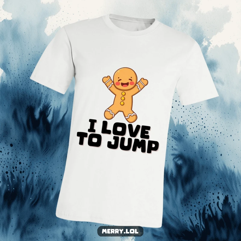 Funny Gingerbread Man T-Shirt featuring a cheerful character leaping with pure joy and holiday spirit.