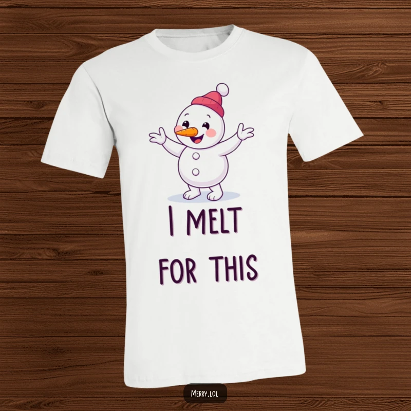 Funny snowman character t-shirt performing a clumsy jig with a carrot nose, a humorous graphic tee for a funny gift.